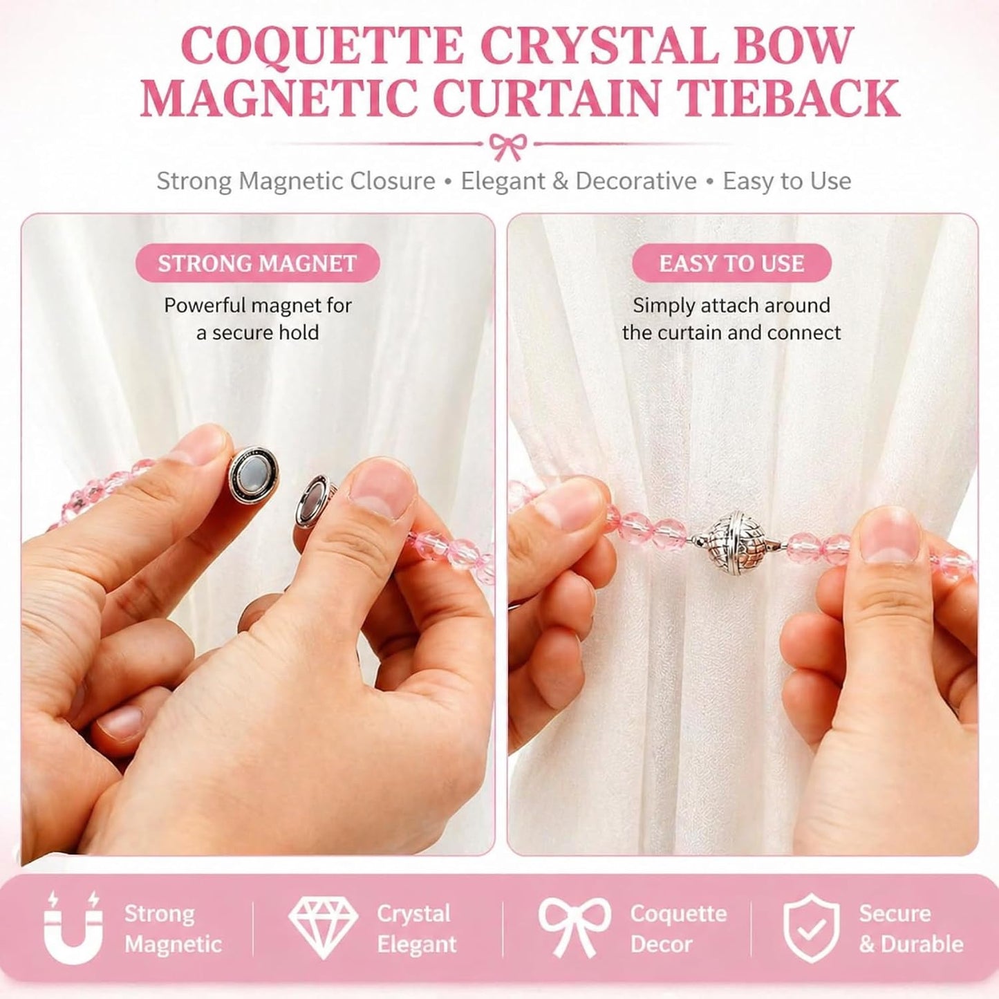 Novabright 2 Pack Pink Crystal Bow Magnetic Curtain Tiebacks Beaded Magnetic Decorative Curtain Holders and Holdback Clips No Drill Beaded Drapery Holdbacks for Bedroom & Coquette Room Decor