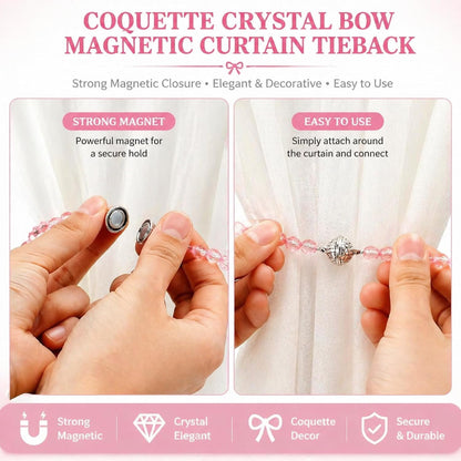 Novabright 2 Pack Pink Crystal Bow Magnetic Curtain Tiebacks Beaded Magnetic Decorative Curtain Holders and Holdback Clips No Drill Beaded Drapery Holdbacks for Bedroom & Coquette Room Decor