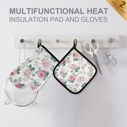 Light Pink Rose Flowers Oven Mitts and Pot Holders Set for Cooking Baking Kitchen Decor