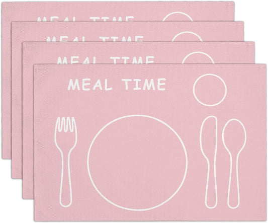 Placemats Set of 4 for Boys and Girls, Heat Resistant Placemats Wrinkle Free Place Mats for Dining Table, Cotton Linen Table Mats for Indoor & Outdoor, 12x18 inch (Meal Time - Pink)
