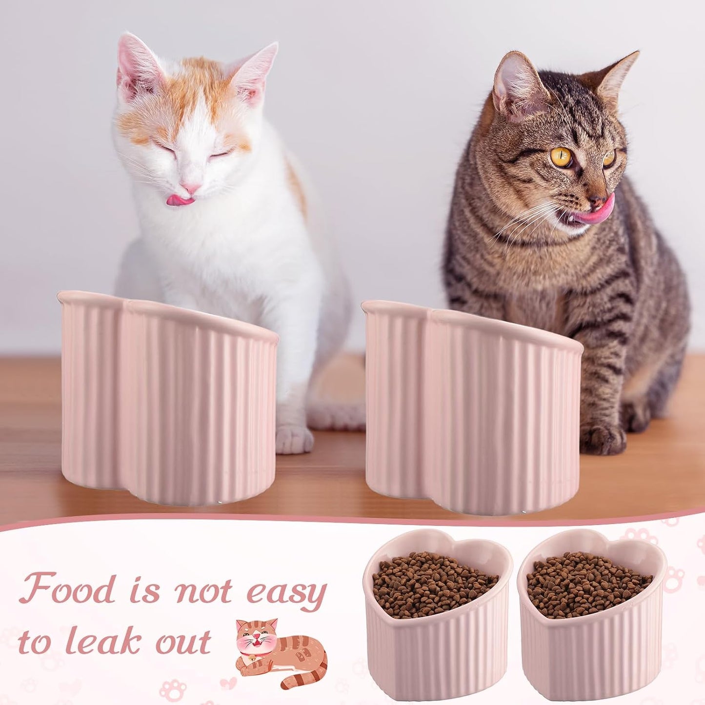 Mumufy 2 Pcs Ceramic Elevated Cat Bowls Tilted Elevated Raised Pet Bowls Anti Vomit Cat Dish for Indoor Stress Free Water Dish Feeder for Puppies, Heart Shaped(Pink)