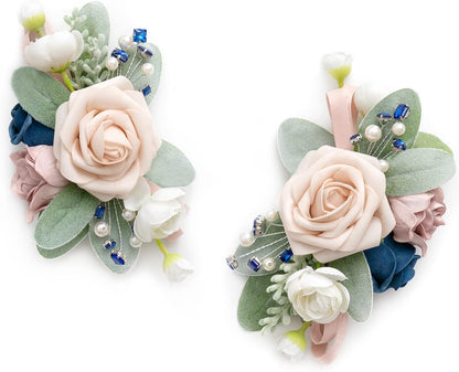 Ling's moment 2pcs Wedding Shoulder Corsage Artificial Flowers, Girl/Mother Homecoming/Prom Corsages Wristlet Décor, etc. Navy Blue Pink Ranunculus