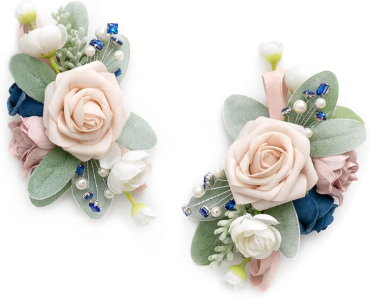 Ling's moment 2pcs Wedding Shoulder Corsage Artificial Flowers, Girl/Mother Homecoming/Prom Corsages Wristlet Décor, etc. Navy Blue Pink Ranunculus