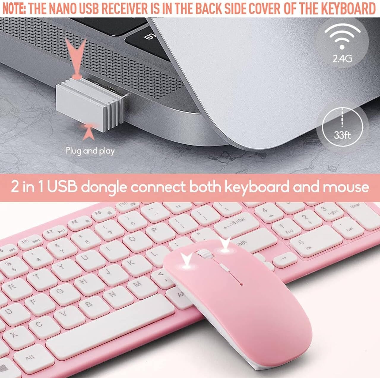 Wireless Keyboard and Mouse Combo, Compact Quiet Wireless Keyboard and Mouse Set 2.4G Ultra-Thin Sleek Design for Windows, Computer, Desktop, PC, Notebook, Laptop (Pink)