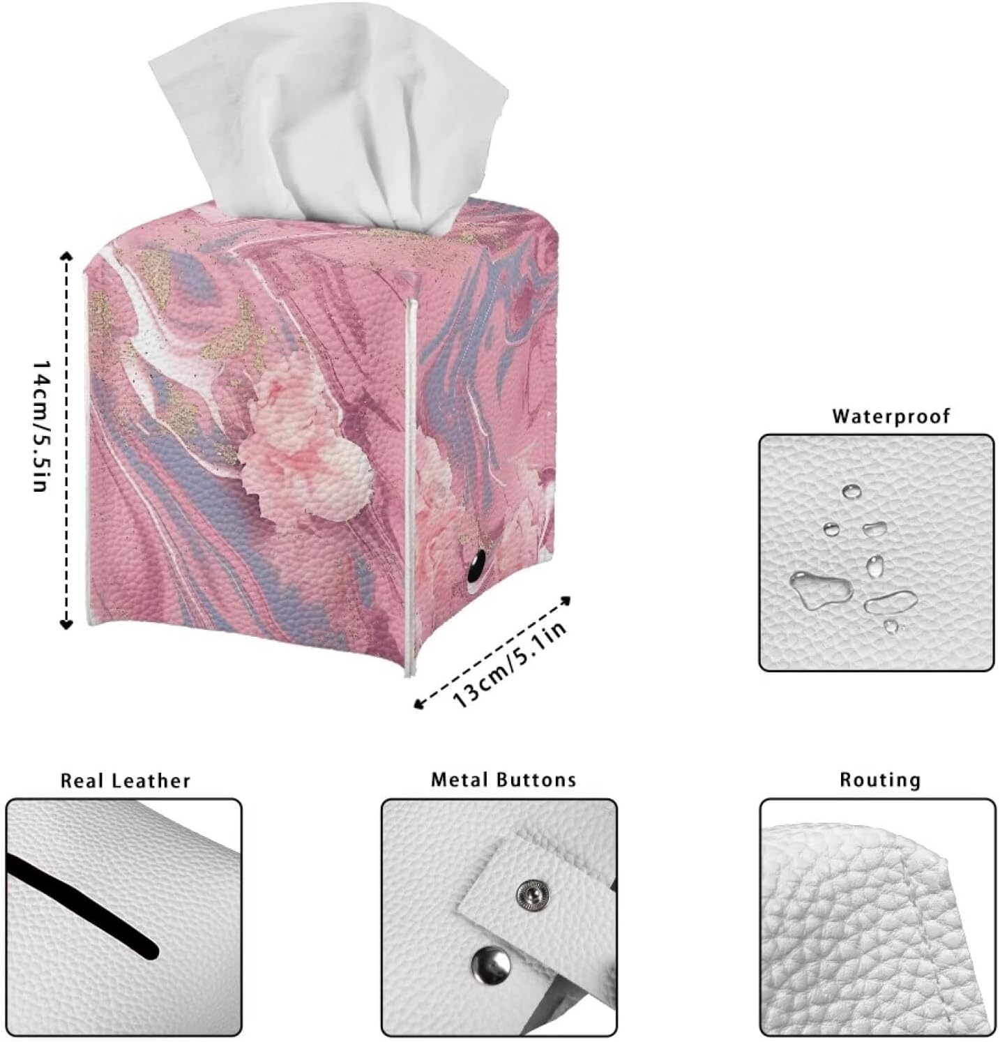 Marble Tissue Box Cover - Pink Faux Leather Tissue Holder - Decorative Cube Box