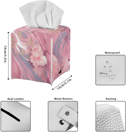 Marble Tissue Box Cover - Pink Faux Leather Tissue Holder - Decorative Cube Box