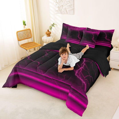 Erosebridal Black Pink Neon Light Girls 7 Piece Bedding Set Twin | Ombre Lightning Pattern Comforter Set with Sheets Abstract Aesthetic Bed in A Bag Modern Art Bed Sets