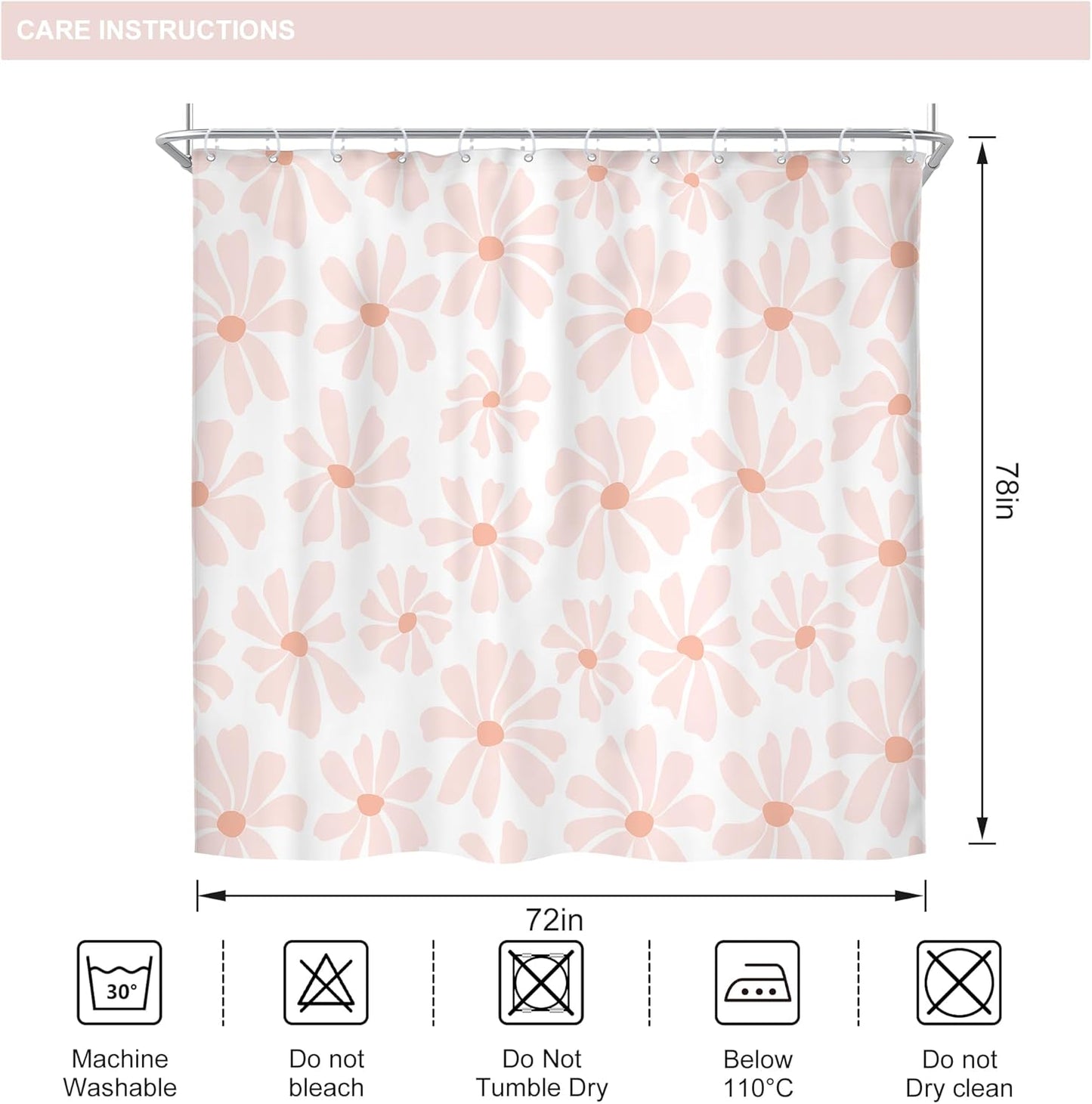 Riyidecor Long Blush Pink Daisy Floral Shower Curtain Boho Spring White Flower Cute Pretty Modern Aesthetic Girly 72Wx78H Inch Minimalist Fabric Decor Bathroom Polyester Waterproof 12 Pack Hooks