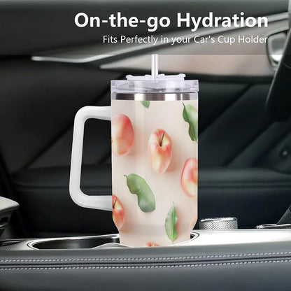 40oz Tumbler with Handle, Peaches And Green Leaves Pattern Printed Stainless Steel Travel Mug, Insulated Car Cup with Straw, Keeps Drinks Hot & Cold, Personalized Gift for Women & Men