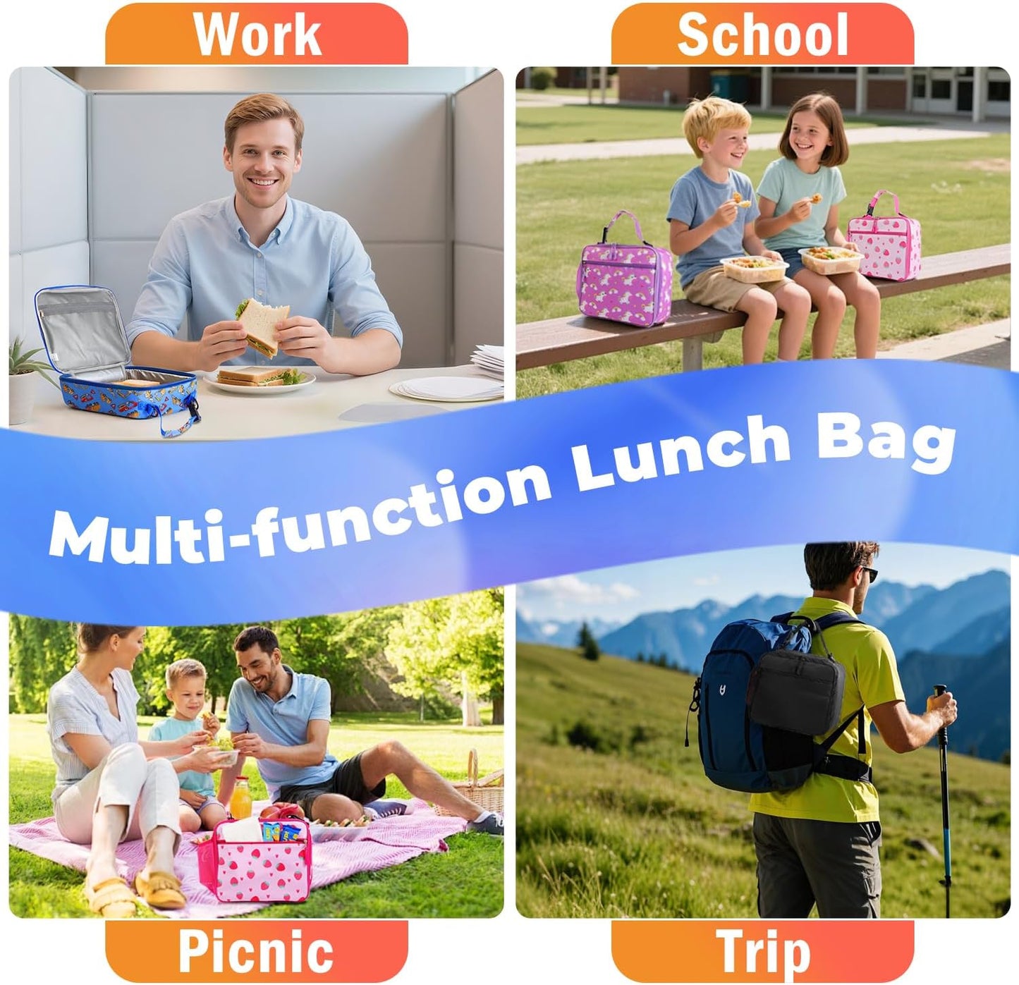 Kids Lunch Box Kids Lunch Bag for Girls Boys, Insulated Lunch Bag for Men with Shoulder Strap, Small Lunchbox for Girls School Travel Picnic (Pink, Strawberry)