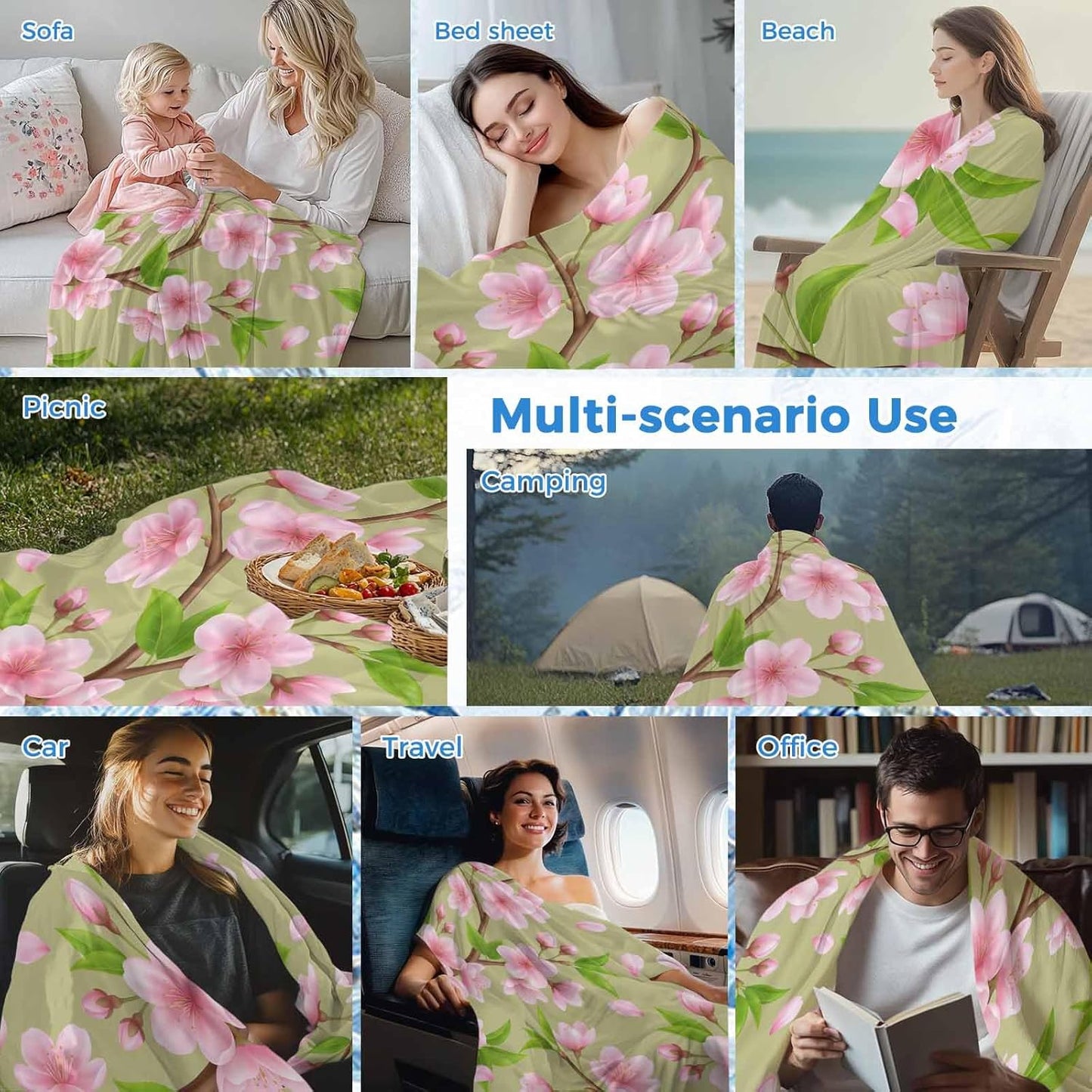 Cooling Blanket for Hot Sleepers, Pink Peach Flowers Lightweight Breathable Summer Blanket, Spring Botanical Watercolor Floral Green Double-Side Cool Throw Blankets for Sleeping Travel, 30"x40"