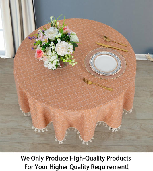 ShinyBeauty Round Tablecloth Cotton Linen Tablecloth Wrinkle Free Dust-Proof Table Cloth Washable Rustic Lattice Table Cloth 55" Coral Stitching Tassel Cotton Tablecloth for Home Kitchen Party Holiday