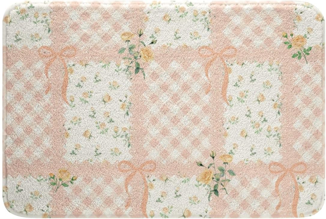 Homewish Light Pink Bow Bathroom Rugs,Rose Flower Non Slip Bath Mat Checkered Patchwork Plaid Bathroom Indoor Floor Mats,Boho Rustic Style Shaggy Absorbent Bathtub Decor Rug,16"x24"