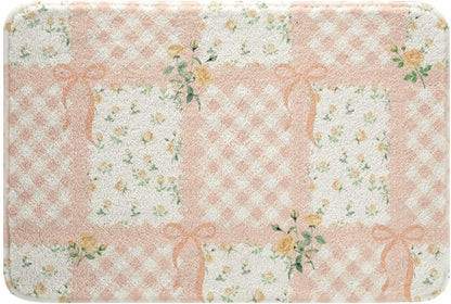 Homewish Light Pink Bow Bathroom Rugs,Rose Flower Non Slip Bath Mat Checkered Patchwork Plaid Bathroom Indoor Floor Mats,Boho Rustic Style Shaggy Absorbent Bathtub Decor Rug,16"x24"