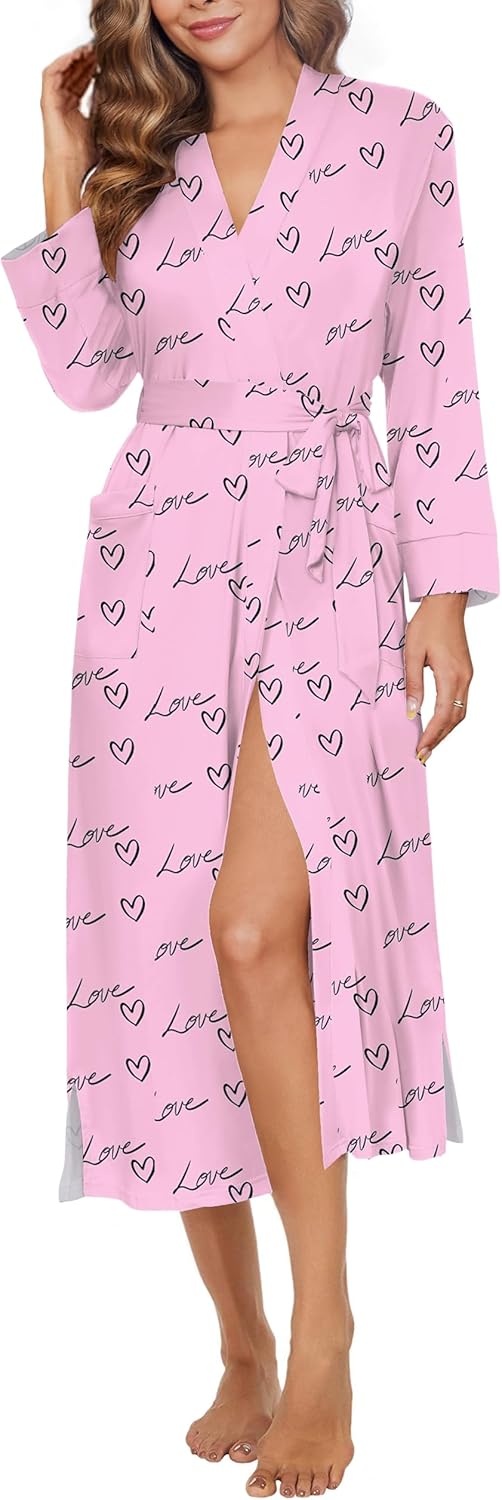 Ekouaer Womens Robe Long Knit Kimono Bathrobe Lightweight Sleepwear Soft Ladies Loungewear with Pockets, S-XXL