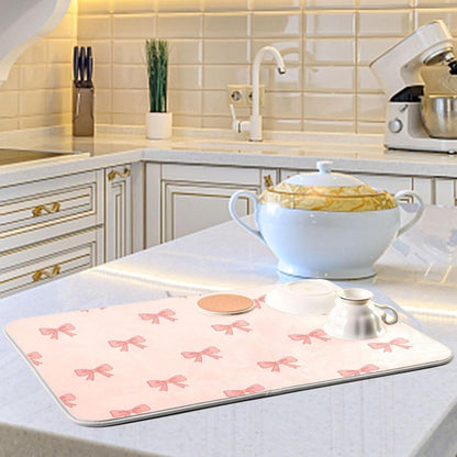 Bow Light Pink Dish Drying Mat for Kitchen Counter with Absorbent Quick Dry Slip Resistant Dish Drying Pad for Sink Coffee Bar Draining Racks, 16 x 18 Inches
