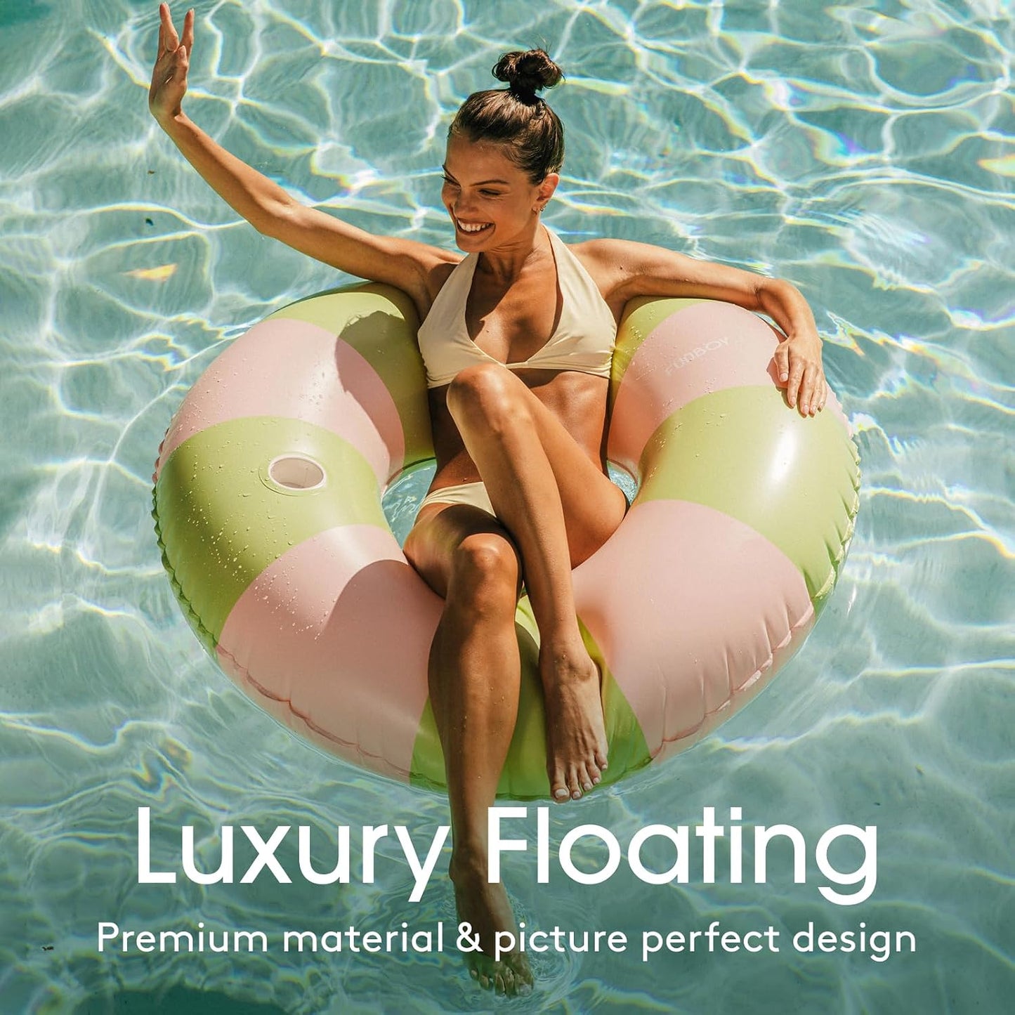 FUNBOY Giant Pink & Green Stripe Inflatable Pool Float with Cup Holder, 48" Adult Inner Tube Swim Ring Pool Lounger