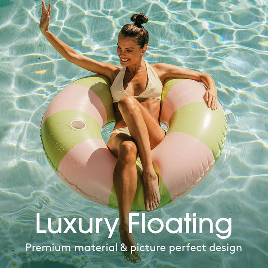 FUNBOY Giant Pink & Green Stripe Inflatable Pool Float with Cup Holder, 48" Adult Inner Tube Swim Ring Pool Lounger