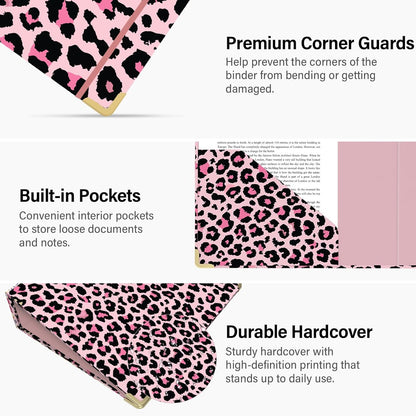 3 Ring Binder 3 Inch, Cute Round Ring Binder with 6 Tab Dividers & Label Stickers, Low Profile Clipboard with Storage, Fashion Binder for School Office Supplies (Pink Leopard)