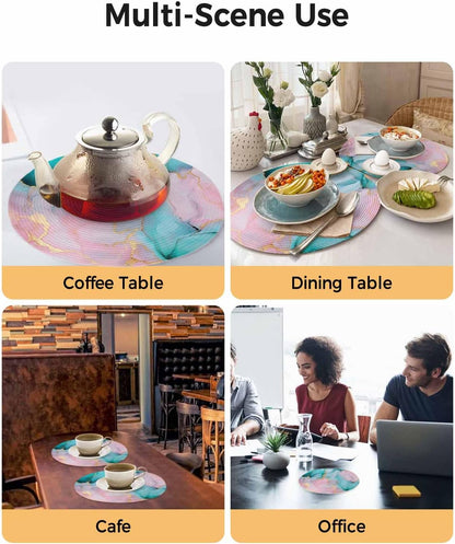 Teal Pink Marble Round Placemats Set of 2 Abstract Ink Painting Modern Luxury Place Mats Indoor Woven Table Mats Washable Heat-Resistance Braided Dining Table Placemats for Kitchen Holiday 15 Inch