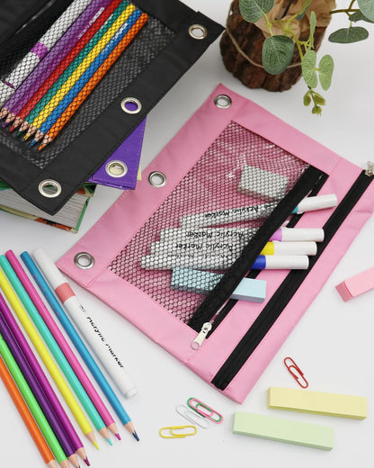 3 Ring Binder Pencil Pouch - Oxford Fabric Pencil Case with 2 Zippered Pockets, Clear Mesh Window Pencil Bag, B5 Size for Office & Travel Supplies (Pink)