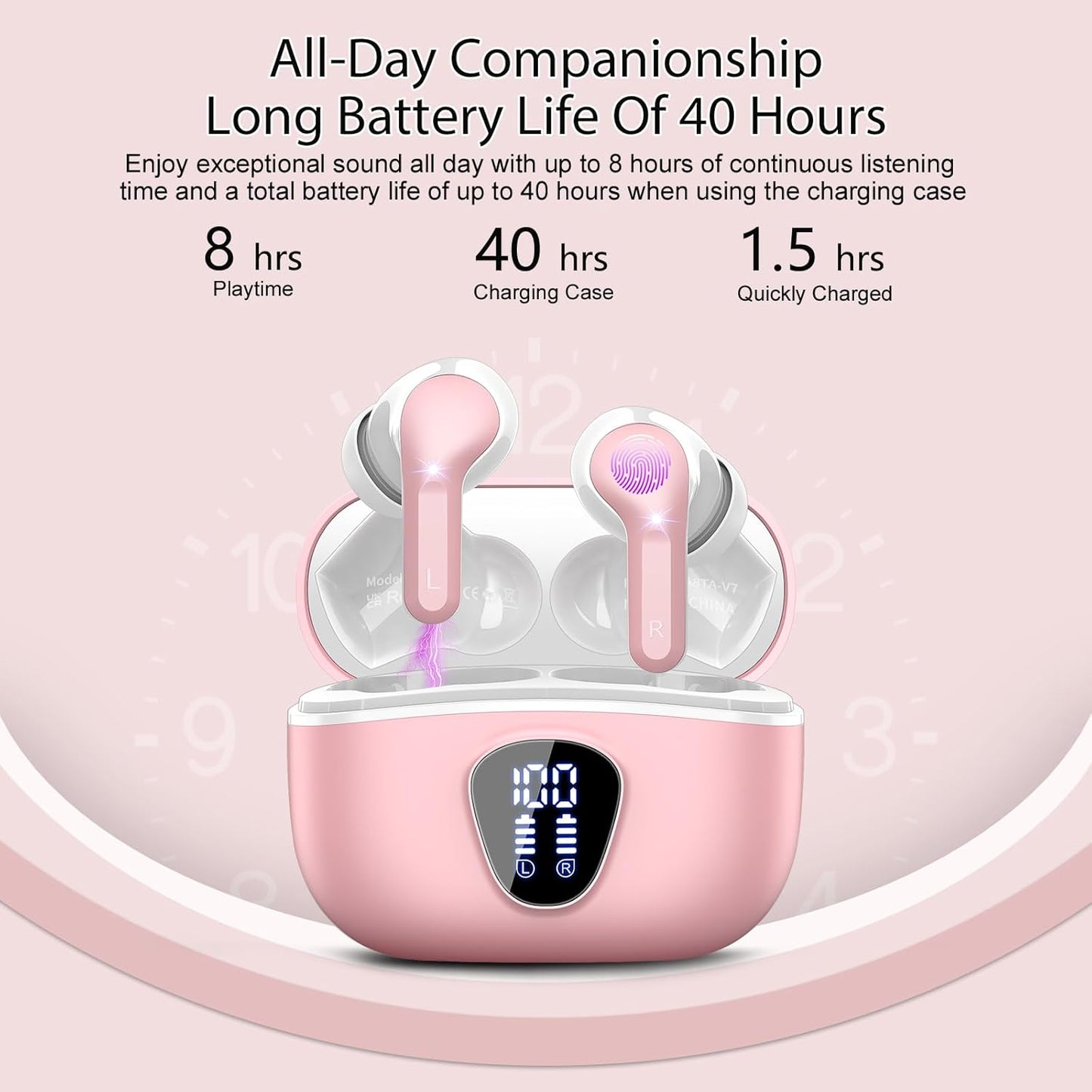 Wireless Earbuds, Bluetooth 5.4 Headphones HiFi Stereo, Bluetooth Earbuds with ENC Noise Cancelling Mic, IP7 Waterproof in Ear Earphones, 48H, LED Display Ear Buds for Pad Phones Workout Sports, Pink