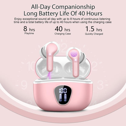 Wireless Earbuds, Bluetooth 5.4 Headphones HiFi Stereo, Bluetooth Earbuds with ENC Noise Cancelling Mic, IP7 Waterproof in Ear Earphones, 48H, LED Display Ear Buds for Pad Phones Workout Sports, Pink