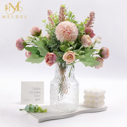 3Pcs Rose Bouquet Pink Artificial Flowers Eucalyptus Plants Fake Silk Flower Arrangements Wedding Bouquets Decorations Plastic Floral Table Centerpieces for Home Kitchen Garden Party Decor