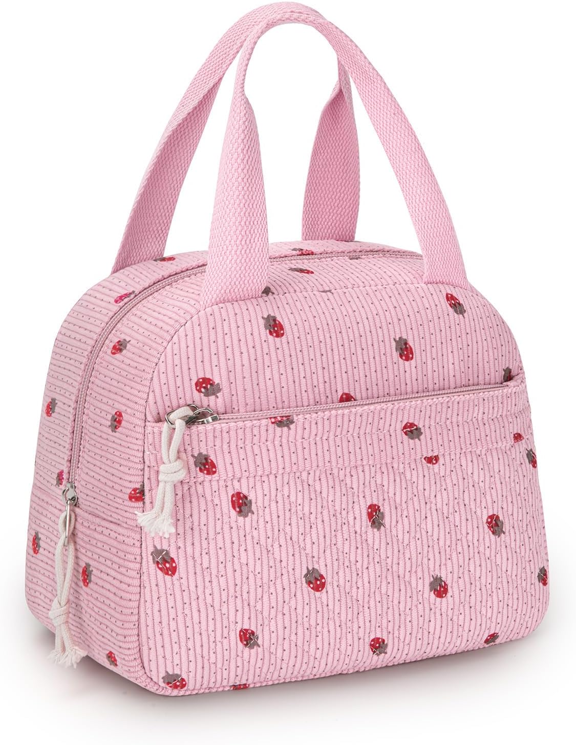 Tuwubi Lunch Box for Women, Cute Corduroy Lunch Bag Insulated Reusable Tote, Water-Resistant Large Capacity Cooler for Work Picnic Travel (M-Pink Strawberry)