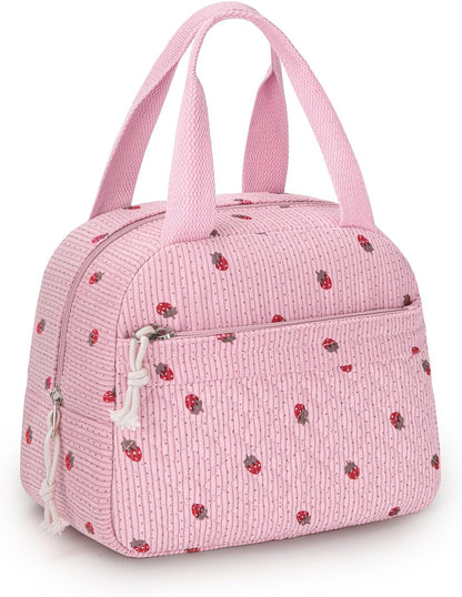 Tuwubi Lunch Box for Women, Cute Corduroy Lunch Bag Insulated Reusable Tote, Water-Resistant Large Capacity Cooler for Work Picnic Travel (M-Pink Strawberry)