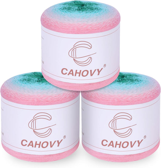 Yarn for Crocheting,60% Cotton 40% Acrylic Multi Color Gradient Cake line,Single roll7.76oz/220g 1080yd/990m,3 Pack.Pink&White&Green