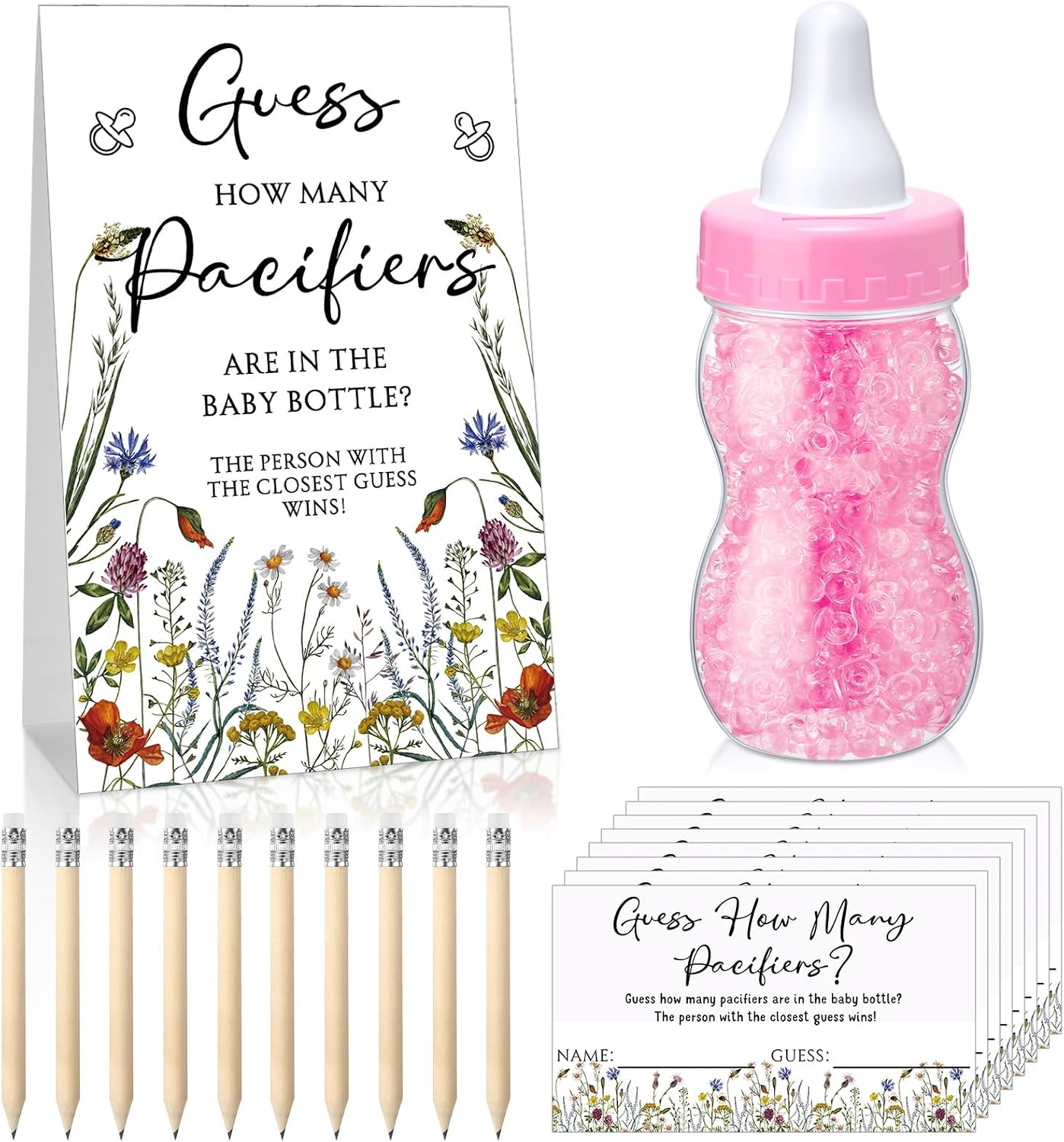 Roowest 512 Pcs Baby Shower Games Guess How Many Pacifiers Sign 100 Small Guessing Games 10 HB Pencils 750ml Milk Bottle 400 Acrylic Pacifiers Decoration for Guest Gender Reveal(Pink,Bloom)