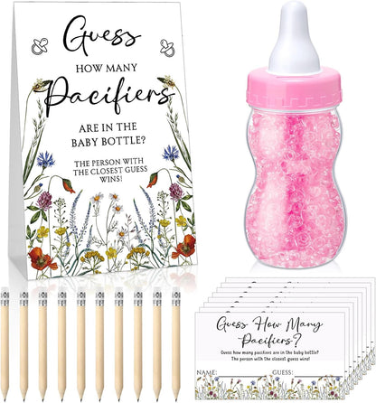 Roowest 512 Pcs Baby Shower Games Guess How Many Pacifiers Sign 100 Small Guessing Games 10 HB Pencils 750ml Milk Bottle 400 Acrylic Pacifiers Decoration for Guest Gender Reveal(Pink,Bloom)