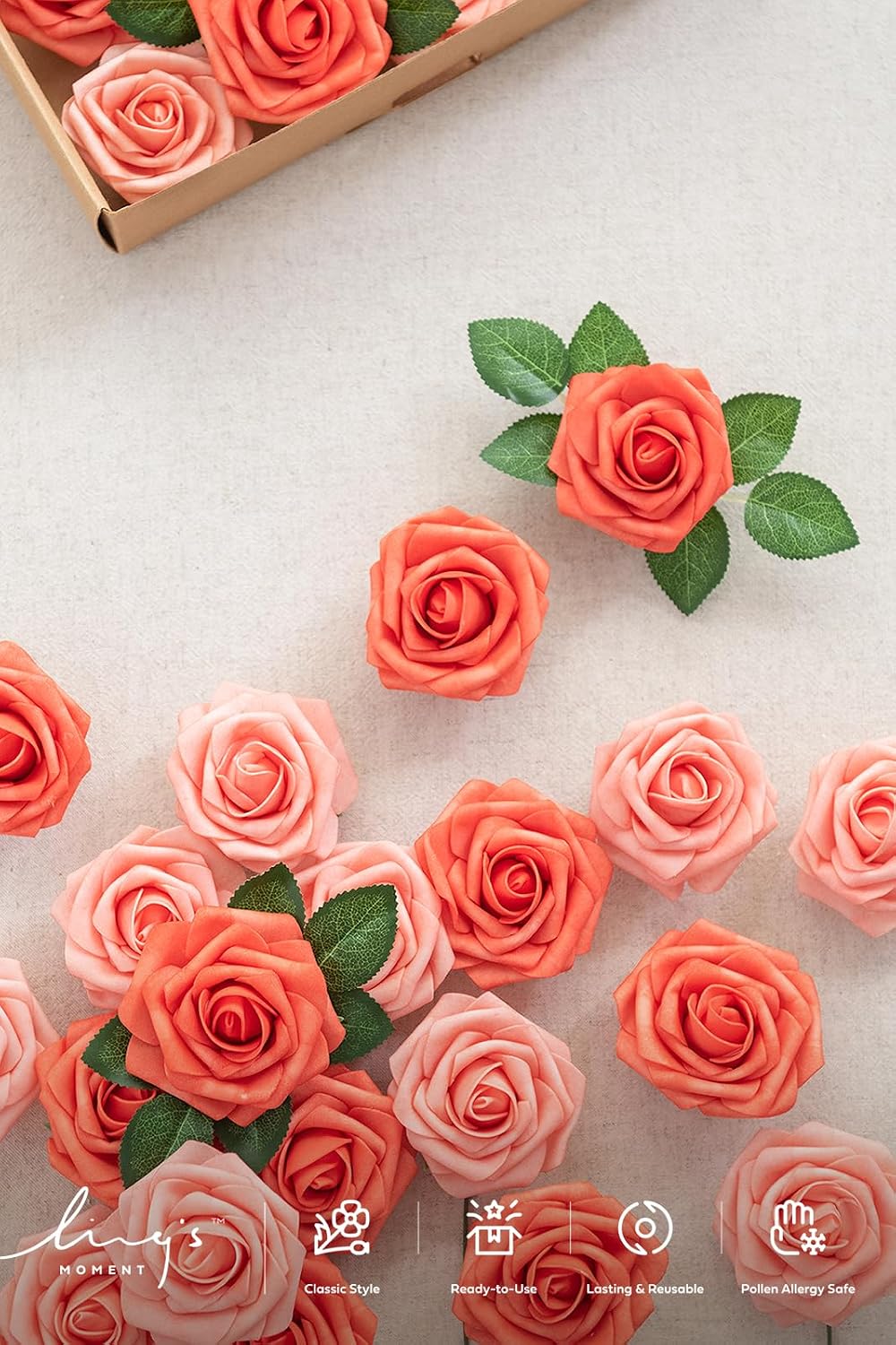 Ling's moment Artificial Flowers 25Pcs Deep Coral Roses Decor w/Stems,3" Real Touch DIY Foam Floral for Wedding Bouquet/Centerpieces, Outdoors Party Backdrop, Room/Table, and Garden/Pot Decorations