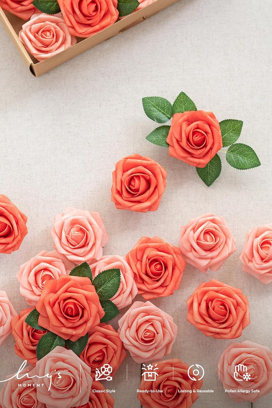 Ling's moment Artificial Flowers 25Pcs Deep Coral Roses Decor w/Stems,3" Real Touch DIY Foam Floral for Wedding Bouquet/Centerpieces, Outdoors Party Backdrop, Room/Table, and Garden/Pot Decorations
