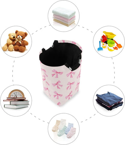 Pink Bow Large Laundry Hamper with Handle, Foldable Clothes Hamper Collapsible Storage Basket for Toys and Clothes Organization in Bedroom, Bathroom, and Laundry Room