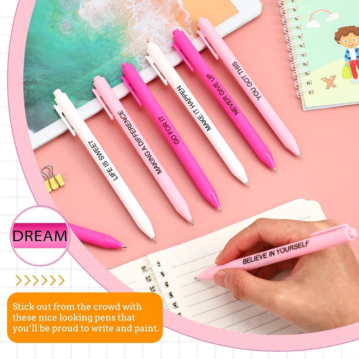 Crtiin 50 Pcs Motivational Gel Ink Pens Bulk with Different Inspirational Quotes Cute Pink Inspirational Ballpoint Pens Bulk Smooth Writing for Thank You Gifts Women Lady Coworkers Staff Volunteer