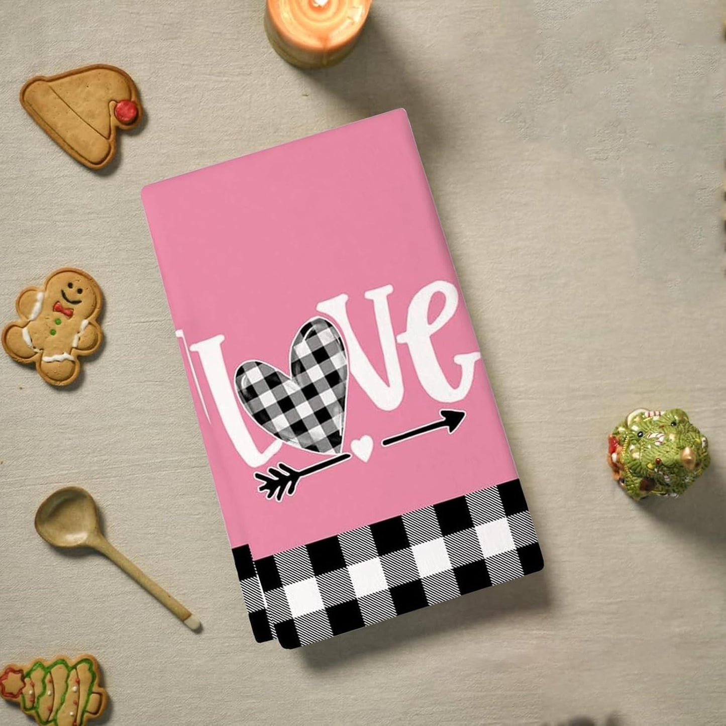 Valentines Day Decorations Kitchen Towels, 2Pcs Pink 24*15.7In Valentine Dish Towels With Love Heart Patterns Valentine Hand Towels Valentine's Day Towels Table Decor For Indoor Home Kitchen Decor