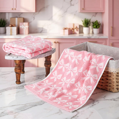 Mindsoft 2 Pcs Pink Bow Hand Towels 100% Cotton 13 x 29 Inch Soft Decorative Bathroom Towels Absorbent for Gym Spa Guest Room