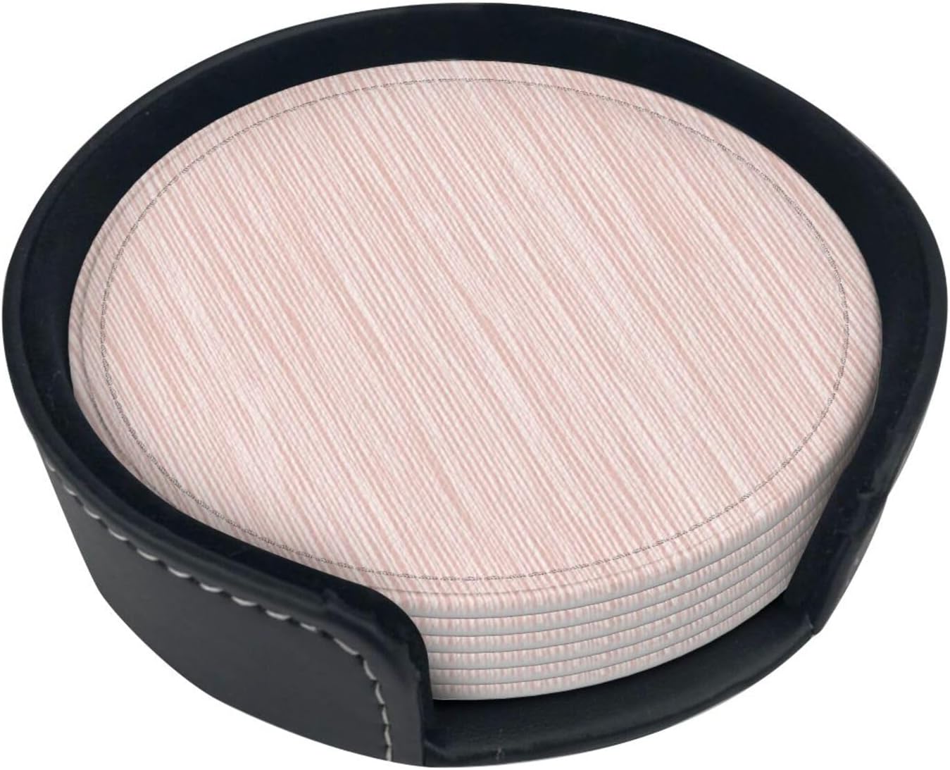 Light Pink Pastel Pattern Subtle Vertical Stripes Premium Leather Coasters, Set of 6 with Holder, Stylish Beverage Coasters for Kitchen Coffee Bar
