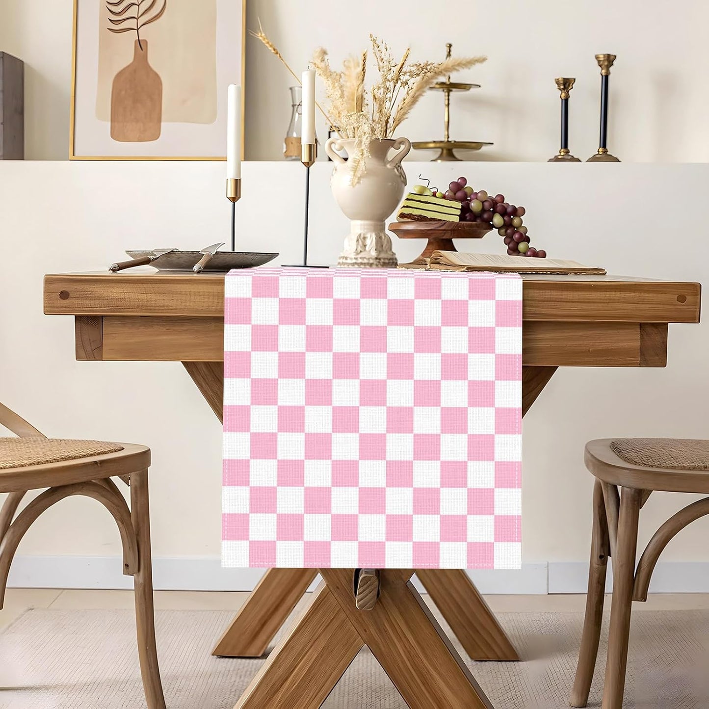 Pink Checkered Table Runner Pastel Preppy Checkerboard Baby Shower Party Decoration Easter Wedding Home Kitchen Dining Room Table Decor