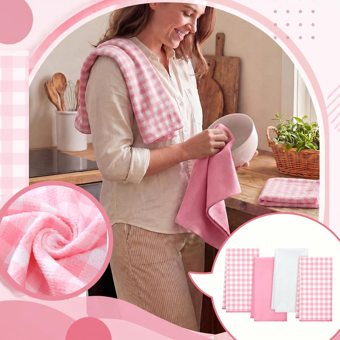 Mindsoft 4 Pcs Gingham Kitchen Towels Set Gingham Dish Towels 29.5 x 15.7 Inch Quick-Drying Hand Tea Towel for Farmhouse Restaurant Accessories Kitchen Decor(Pink and White)