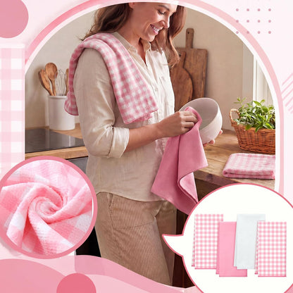 Mindsoft 4 Pcs Gingham Kitchen Towels Set Gingham Dish Towels 29.5 x 15.7 Inch Quick-Drying Hand Tea Towel for Farmhouse Restaurant Accessories Kitchen Decor(Pink and White)