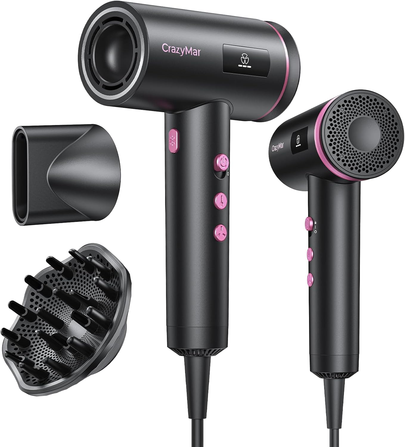 Hair Dryer, 1800W Ionic Hair Dryer with Smart Mode (Baby/Men/Women), High Speed Brushless Motor for Fast Drying (2-5 Mins), Blow Dryer with Diffuser, Lightweight for Home & Travel（Red Pink）