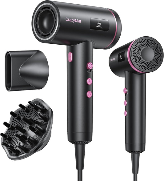 Hair Dryer, 1800W Ionic Hair Dryer with Smart Mode (Baby/Men/Women), High Speed Brushless Motor for Fast Drying (2-5 Mins), Blow Dryer with Diffuser, Lightweight for Home & Travel（Red Pink）
