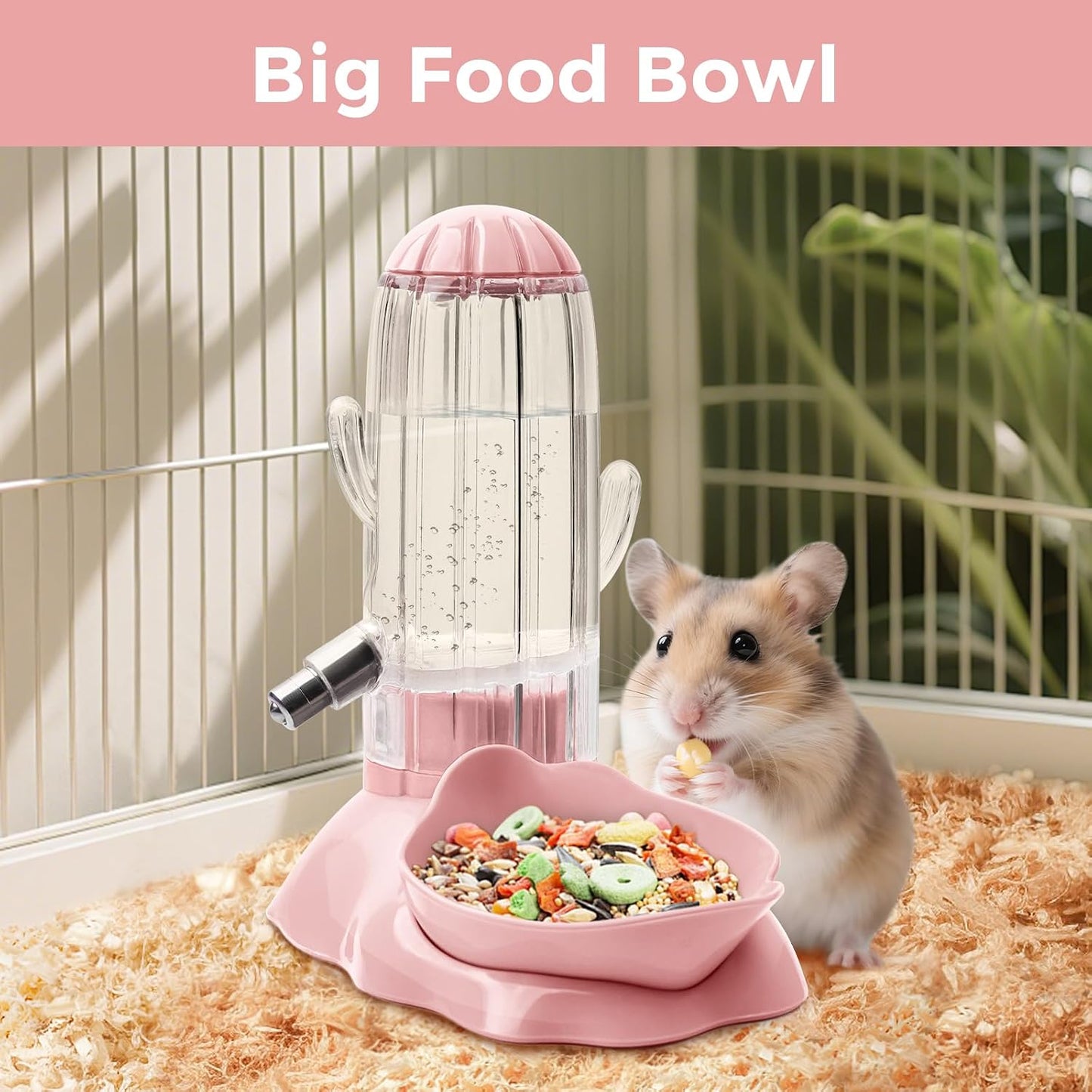 VANNON 2 in 1 Hamster Feeder Small Animal Water Bottle & Food Bowl Water Dispenser & Food Dish Bowl for Hamster, Small Mice, Rat, Gerbil, 4.6oz/130ml, BPA Free, Pink