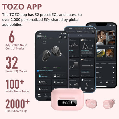 TOZO NC9 Hybrid Active Noise Cancelling Wireless Earbuds, 6 Mics ENC Clear Call, IPX8 Waterproof, in Ear Bluetooth 5.3 Headphones Stereo Bass Ear Buds 60H Playtime with LED Display 32 EQs via APP