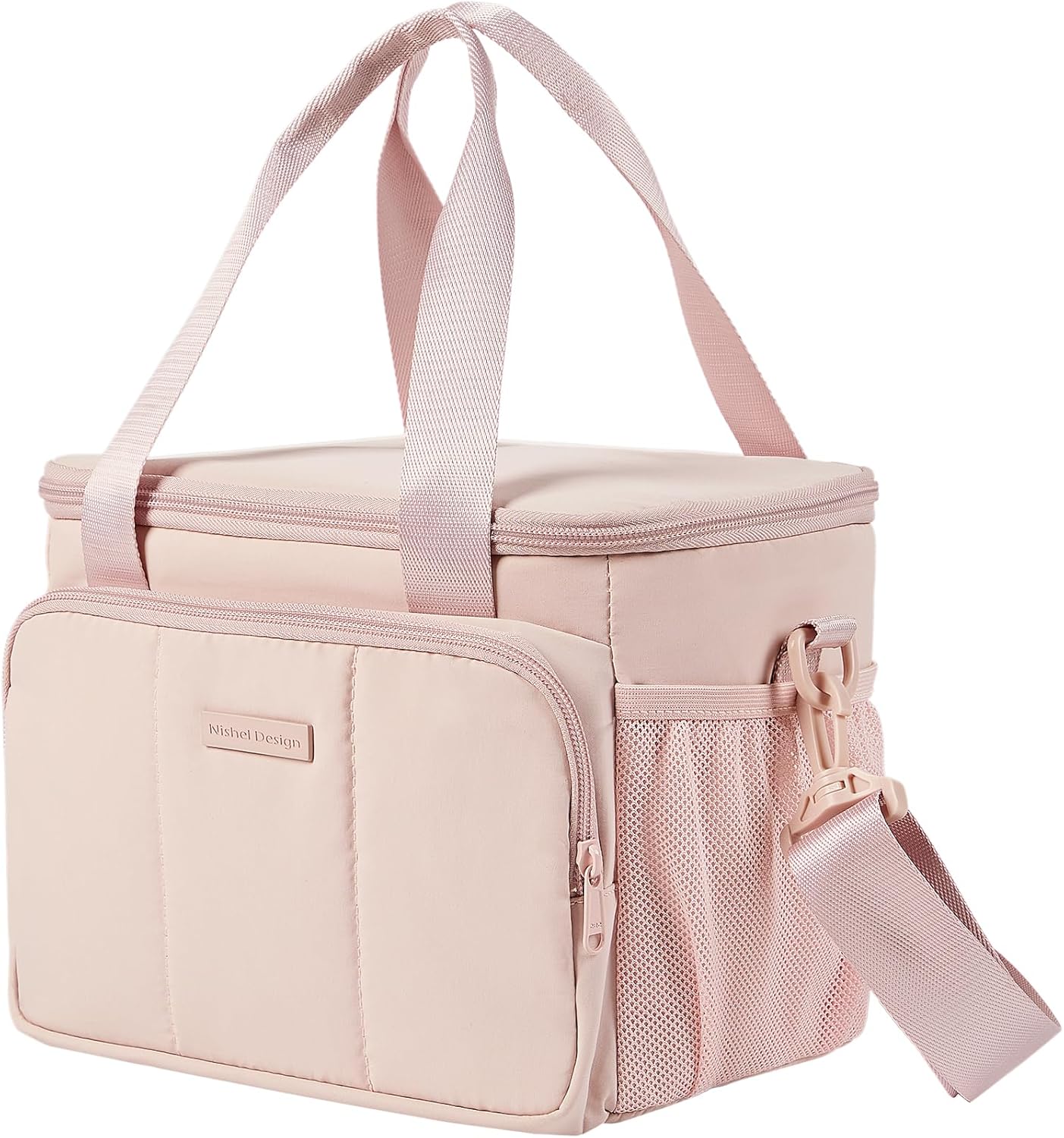 NISHEL Lunch Bag for Women, Insulated Leakproof Cooler Case with Detachable Shoulder Strap & Multiple Pocket, Easy-Clean PEVA Lining, Puffy Design for Work，Medium Size, Pink