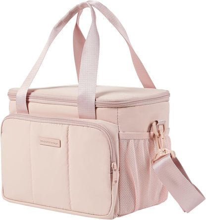 NISHEL Lunch Bag for Women, Insulated Leakproof Cooler Case with Detachable Shoulder Strap & Multiple Pocket, Easy-Clean PEVA Lining, Puffy Design for Work，Medium Size, Pink