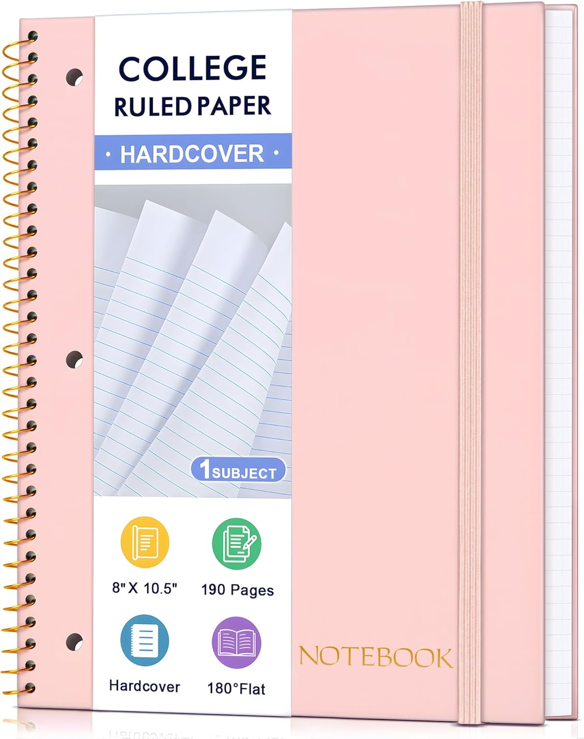 MUAHLIUB Spiral Notebook College Ruled Paper 8" x 10-1/2", 1 Subject Spiral Notebook, 3-Hole Punched Perforated Pages Ideal for School, Office, Writing, 95 Sheets Lined Journaling Notebook, Pink